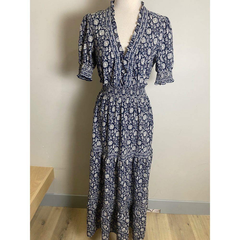 Max Studio London Navy Blue White Floral Ruffle V-Neck Smocked Maxi Dress Small